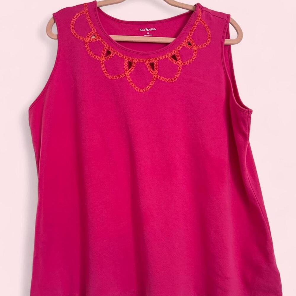 Plus size 90s Kim Rogers pink sleeveless top orange scalloped embroidery-  XL